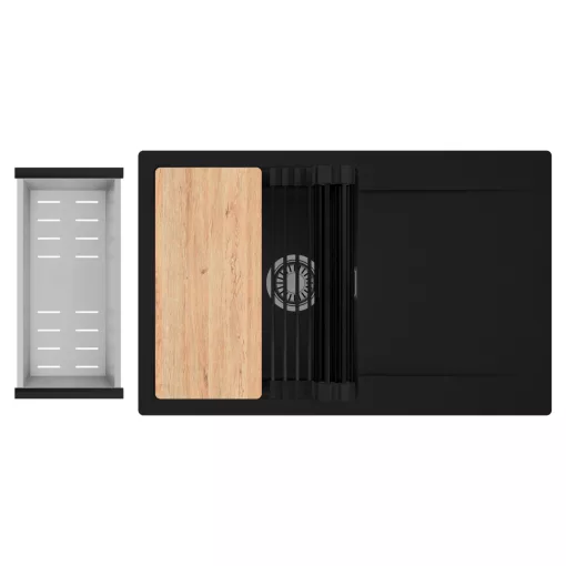 HD Onyx Black 78 egymedencés gránit mosogatótálca szett, csepegtetőtálcával, vágódeszkával, matt fekete csepegtetőráccsal és krómozott kosárral, matt fekete színben