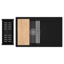 HD Onyx Black 78 egymedencés gránit mosogatótálca szett, csepegtetőtálcával, vágódeszkával, acél csepegtetőráccsal és matt fekete kosárral, matt fekete színben