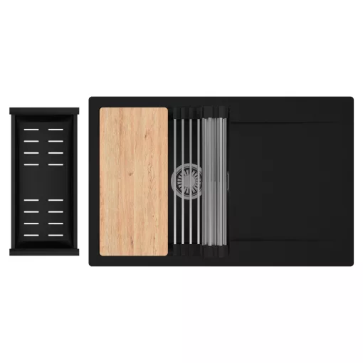 HD Onyx Black 78 egymedencés gránit mosogatótálca szett, csepegtetőtálcával, vágódeszkával, acél csepegtetőráccsal és matt fekete kosárral, matt fekete színben