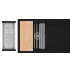   HD Onyx Black 78 egymedencés gránit mosogatótálca szett, csepegtetőtálcával, vágódeszkával, acél csepegtetőráccsal és kosárral, matt fekete színben