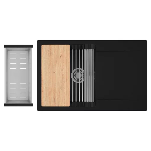 HD Onyx Black 78 egymedencés gránit mosogatótálca szett, csepegtetőtálcával, vágódeszkával, acél csepegtetőráccsal és kosárral, matt fekete színben