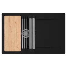 HD Onyx Black 78 egymedencés gránit mosogatótálca szett, csepegtetőtálcával, vágódeszkával, acél csepegtetőráccsal, matt fekete színben