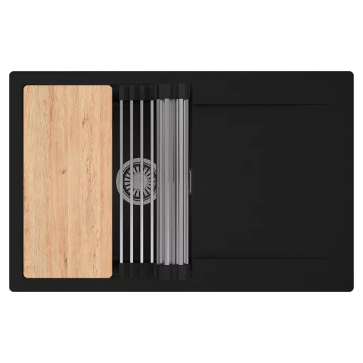 HD Onyx Black 78 egymedencés gránit mosogatótálca szett, csepegtetőtálcával, vágódeszkával, acél csepegtetőráccsal, matt fekete színben