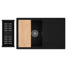 HD Onyx Black 78 egymedencés gránit mosogatótálca szett, csepegtetőtálcával, vágódeszkával, matt fekete csepegtetőkosárral, matt fekete színben