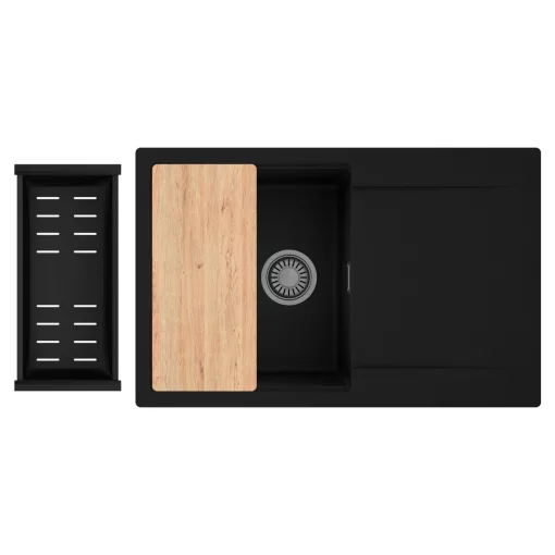 HD Onyx Black 78 egymedencés gránit mosogatótálca szett, csepegtetőtálcával, vágódeszkával, matt fekete csepegtetőkosárral, matt fekete színben