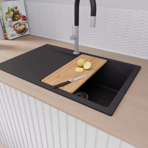 HD Onyx Black 78 egymedencés gránit mosogatótálca szett, csepegtetőtálcával, vágódeszkával, matt fekete csepegtetőkosárral, matt fekete színben