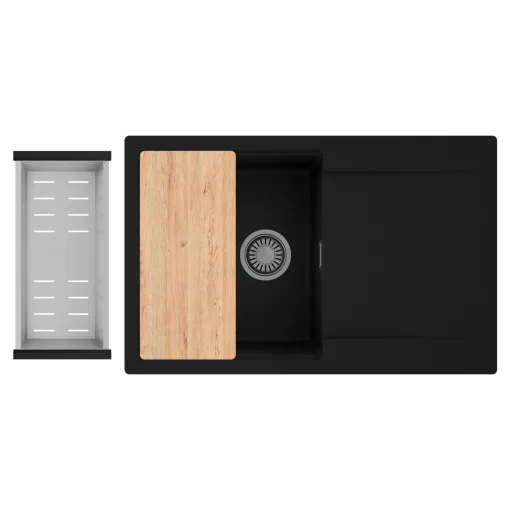 HD Onyx Black 78 egymedencés gránit mosogatótálca szett, csepegtetőtálcával, vágódeszkával, acél csepegtetőkosárral, matt fekete színben