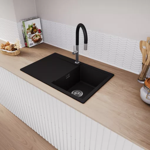 HD Onyx Black 78 egymedencés gránit mosogatótálca, vágódeszkával, matt fekete színben