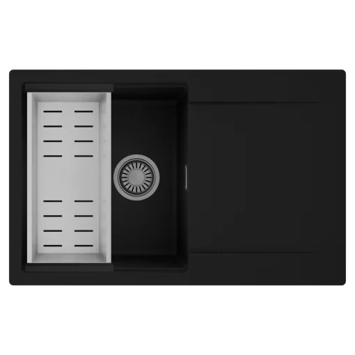 HD Onyx Black 78 egymedencés mosogatótálca szett, acél csepegtetőkosárral, csepegtetőtálcával, matt fekete színben