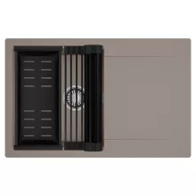 HD Onyx Tortora 78 egymedencés mosogatótálca szett, matt fekete csepegtetőráccsal és kosárral, csepegtetőtálcával, tortora színben, szálcsiszolt króm leeresztő szifonnal