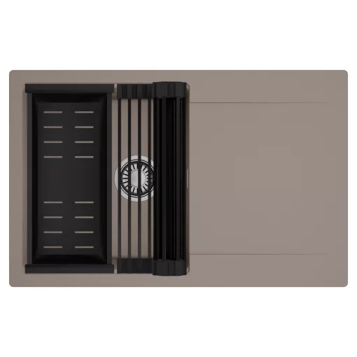 HD Onyx Tortora 78 egymedencés mosogatótálca szett, matt fekete csepegtetőráccsal és kosárral, csepegtetőtálcával, tortora színben, szálcsiszolt króm leeresztő szifonnal