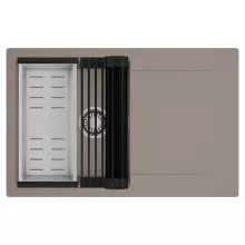 HD Onyx Tortora 78 egymedencés mosogatótálca szett, matt fekete csepegtetőráccsal és krómozott kosárral, csepegtetőtálcával, tortora színben, szálcsiszolt króm leeresztő szifonnal