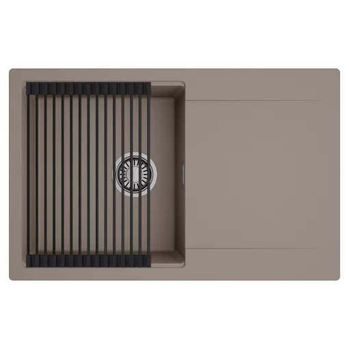 HD Onyx Tortora 78 egymedencés mosogatótálca szett, matt fekete csepegtetőráccsal, csepegtetőtálcával, tortora színben, szálcsiszolt króm leeresztő szifonnal