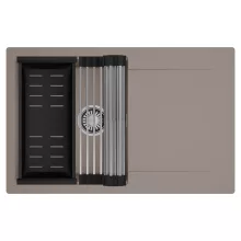 HD Onyx Tortora 78 egymedencés mosogatótálca szett, acél csepegtetőráccsal és matt fekete kosárral, csepegtetőtálcával, tortora színben, szálcsiszolt króm leeresztő szifonnal