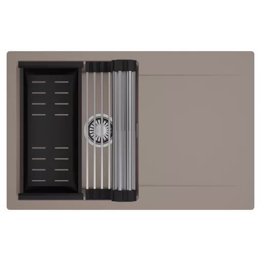 HD Onyx Tortora 78 egymedencés mosogatótálca szett, acél csepegtetőráccsal és matt fekete kosárral, csepegtetőtálcával, tortora színben, szálcsiszolt króm leeresztő szifonnal