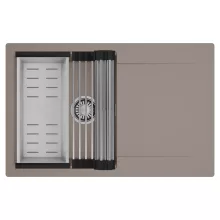 HD Onyx Tortora 78 egymedencés mosogatótálca szett, acél csepegtetőráccsal és kosárral, csepegtetőtálcával, tortora színben, szálcsiszolt króm leeresztő szifonnal