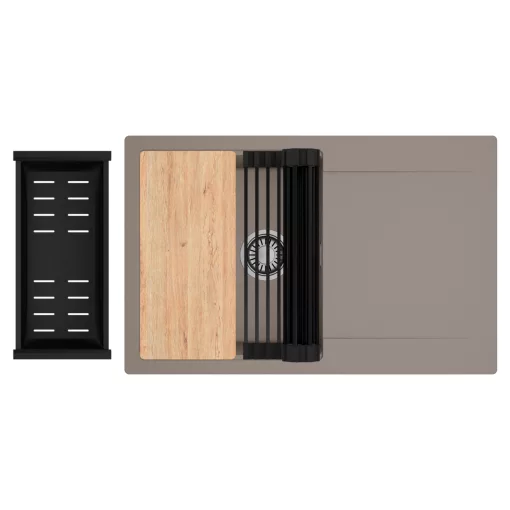 HD Onyx Tortora 78 egymedencés gránit mosogatótálca szett, csepegtetőtálcával, vágódeszkával, matt fekete csepegtetőráccsal és kosárral, tortora színben, szálcsiszolt króm leeresztő szifonnal