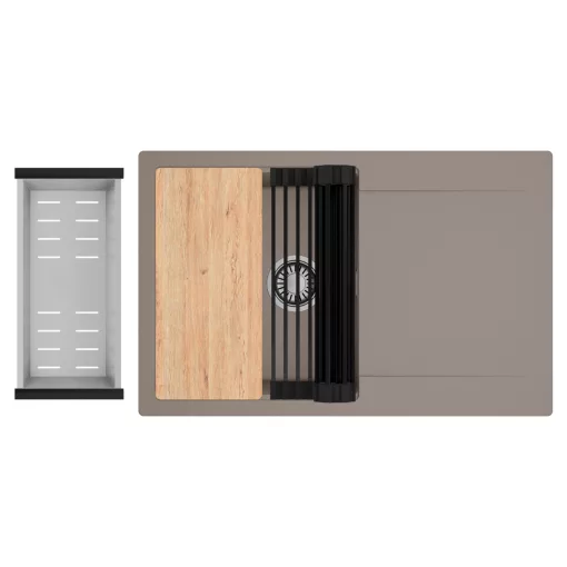 HD Onyx Tortora 78 egymedencés gránit mosogatótálca szett, csepegtetőtálcával, vágódeszkával, matt fekete csepegtetőráccsal és krómozott kosárral, tortora színben, szálcsiszolt króm leeresztő szifonnal