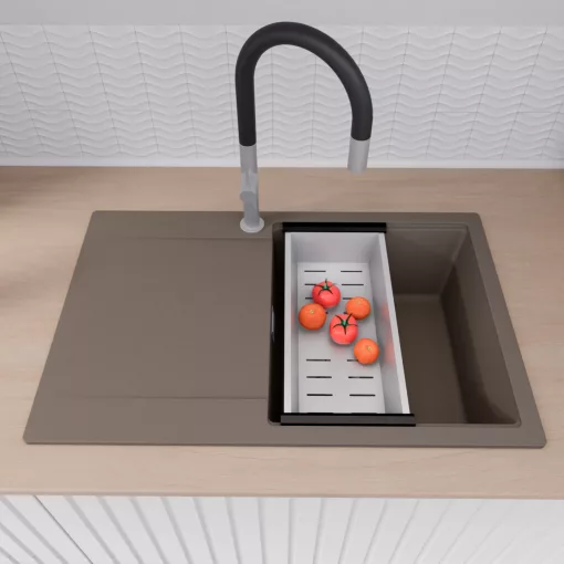 HD Onyx Tortora 78 egymedencés gránit mosogatótálca szett, csepegtetőtálcával, vágódeszkával, matt fekete csepegtetőráccsal és krómozott kosárral, tortora színben, szálcsiszolt króm leeresztő szifonnal