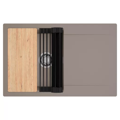 HD Onyx Tortora 78 egymedencés gránit mosogatótálca szett, csepegtetőtálcával, vágódeszkával, matt fekete csepegtetőráccsal, tortora színben, szálcsiszolt króm leeresztő szifonnal