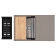 HD Onyx Tortora 78 egymedencés gránit mosogatótálca szett, csepegtetőtálcával, vágódeszkával, acél csepegtetőráccsal és matt fekete kosárral, tortora színben, szálcsiszolt króm leeresztő szifonnal