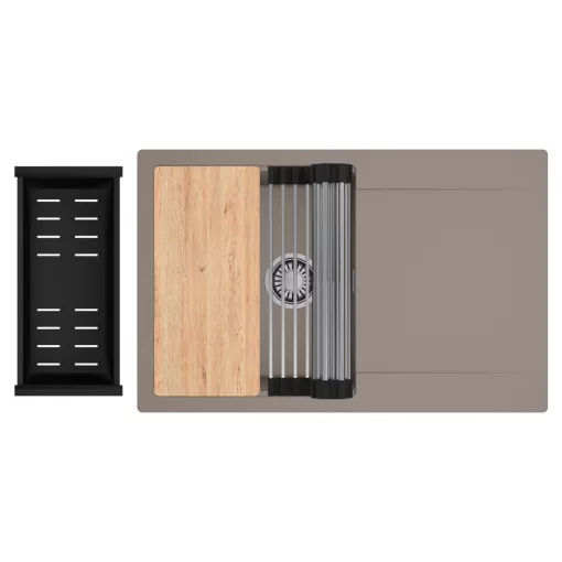 HD Onyx Tortora 78 egymedencés gránit mosogatótálca szett, csepegtetőtálcával, vágódeszkával, acél csepegtetőráccsal és matt fekete kosárral, tortora színben, szálcsiszolt króm leeresztő szifonnal