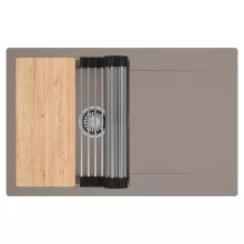 HD Onyx Tortora 78 egymedencés gránit mosogatótálca szett, csepegtetőtálcával, vágódeszkával, acél csepegtetőráccsal, tortora színben, szálcsiszolt króm leeresztő szifonnal