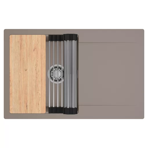 HD Onyx Tortora 78 egymedencés gránit mosogatótálca szett, csepegtetőtálcával, vágódeszkával, acél csepegtetőráccsal, tortora színben, szálcsiszolt króm leeresztő szifonnal