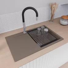 HD Onyx Tortora 78 egymedencés gránit mosogatótálca szett, csepegtetőtálcával, vágódeszkával, acél csepegtetőráccsal, tortora színben, szálcsiszolt króm leeresztő szifonnal