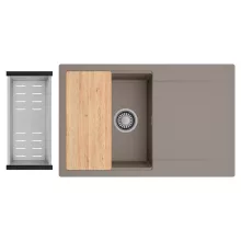 HD Onyx Tortora 78 egymedencés gránit mosogatótálca szett, csepegtetőtálcával, vágódeszkával, acél csepegtetőkosárral, tortora színben, szálcsiszolt króm leeresztő szifonnal