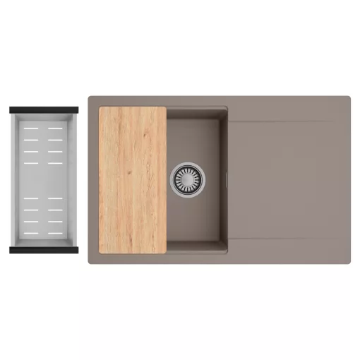 HD Onyx Tortora 78 egymedencés gránit mosogatótálca szett, csepegtetőtálcával, vágódeszkával, acél csepegtetőkosárral, tortora színben, szálcsiszolt króm leeresztő szifonnal