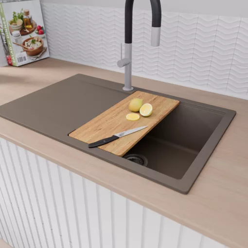 HD Onyx Tortora 78 egymedencés gránit mosogatótálca szett, csepegtetőtálcával, vágódeszkával, acél csepegtetőkosárral, tortora színben, szálcsiszolt króm leeresztő szifonnal