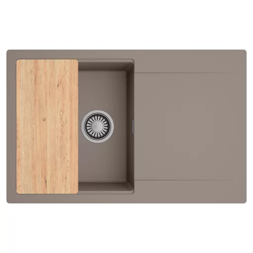 HD Onyx Tortora 78 egymedencés gránit mosogatótálca, vágódeszkával, tortora színben, szálcsiszolt króm leeresztő szifonnal