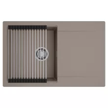 HD Onyx Tortora 78 egymedencés mosogatótálca szett, acél csepegtetőráccsal, csepegtetőtálcával, tortora színben, szálcsiszolt króm leeresztő szifonnal