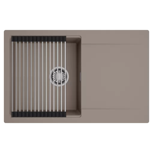 HD Onyx Tortora 78 egymedencés mosogatótálca szett, acél csepegtetőráccsal, csepegtetőtálcával, tortora színben, szálcsiszolt króm leeresztő szifonnal