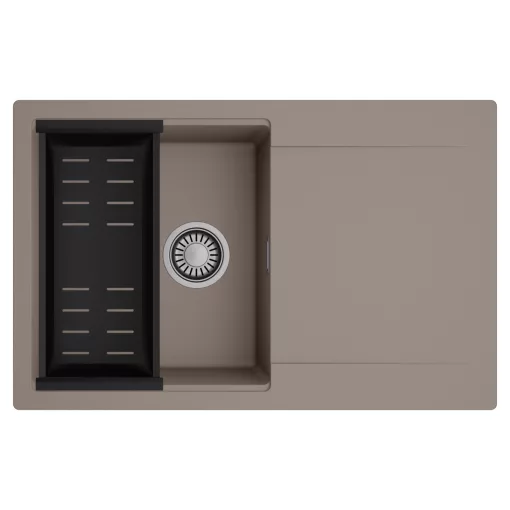 HD Onyx Tortora 78 egymedencés mosogatótálca szett, matt fekete csepegtetőkosárral, csepegtetőtálcával, tortora színben, szálcsiszolt króm leeresztő szifonnal