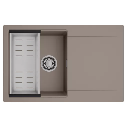 HD Onyx Tortora 78 egymedencés mosogatótálca szett, acél csepegtetőkosárral, csepegtetőtálcával, tortora színben, szálcsiszolt króm leeresztő szifonnal