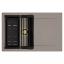 HD Onyx Tortora 78 egymedencés mosogatótálca szett, matt fekete csepegtetőráccsal és kosárral, csepegtetőtálcával, tortora színben, szálcsiszolt arany leeresztő szifonnal