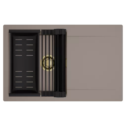 HD Onyx Tortora 78 egymedencés mosogatótálca szett, matt fekete csepegtetőráccsal és kosárral, csepegtetőtálcával, tortora színben, szálcsiszolt arany leeresztő szifonnal