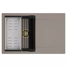 HD Onyx Tortora 78 egymedencés mosogatótálca szett, matt fekete csepegtetőráccsal és krómozott kosárral, csepegtetőtálcával, tortora színben, szálcsiszolt arany leeresztő szifonnal