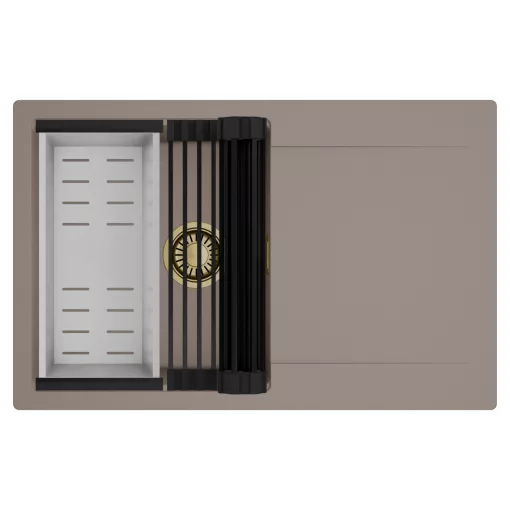 HD Onyx Tortora 78 egymedencés mosogatótálca szett, matt fekete csepegtetőráccsal és krómozott kosárral, csepegtetőtálcával, tortora színben, szálcsiszolt arany leeresztő szifonnal