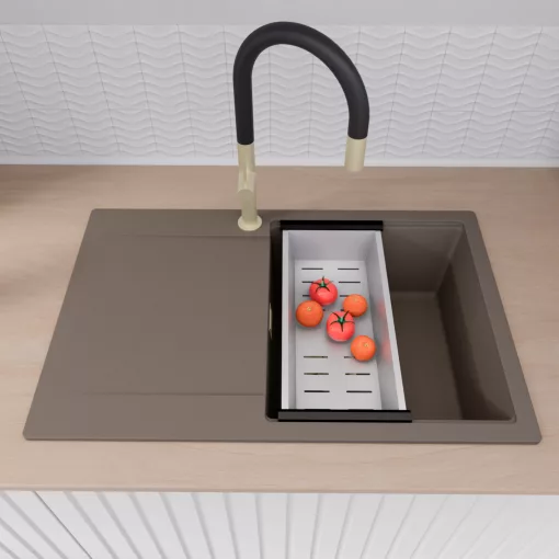 HD Onyx Tortora 78 egymedencés mosogatótálca szett, matt fekete csepegtetőráccsal és krómozott kosárral, csepegtetőtálcával, tortora színben, szálcsiszolt arany leeresztő szifonnal