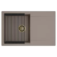 HD Onyx Tortora 78 egymedencés mosogatótálca szett, matt fekete csepegtetőráccsal, csepegtetőtálcával, tortora színben, szálcsiszolt arany leeresztő szifonnal