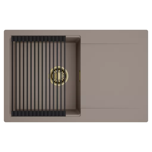 HD Onyx Tortora 78 egymedencés mosogatótálca szett, matt fekete csepegtetőráccsal, csepegtetőtálcával, tortora színben, szálcsiszolt arany leeresztő szifonnal