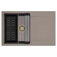 HD Onyx Tortora 78 egymedencés mosogatótálca szett, acél csepegtetőráccsal és matt fekete kosárral, csepegtetőtálcával, tortora színben, szálcsiszolt arany leeresztő szifonnal