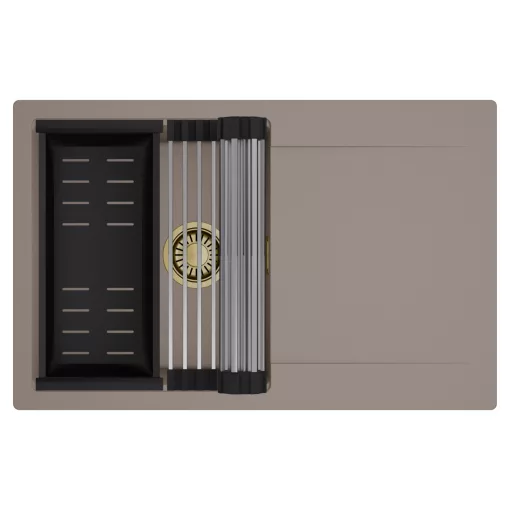 HD Onyx Tortora 78 egymedencés mosogatótálca szett, acél csepegtetőráccsal és matt fekete kosárral, csepegtetőtálcával, tortora színben, szálcsiszolt arany leeresztő szifonnal