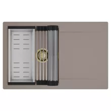 HD Onyx Tortora 78 egymedencés mosogatótálca szett, acél csepegtetőráccsal és kosárral, csepegtetőtálcával, tortora színben, szálcsiszolt arany leeresztő szifonnal