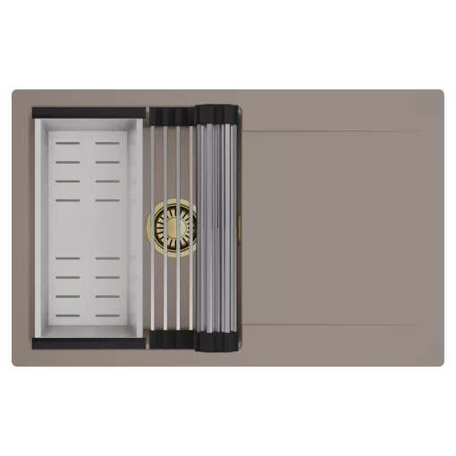 HD Onyx Tortora 78 egymedencés mosogatótálca szett, acél csepegtetőráccsal és kosárral, csepegtetőtálcával, tortora színben, szálcsiszolt arany leeresztő szifonnal