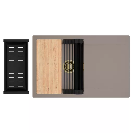 HD Onyx Tortora 78 egymedencés gránit mosogatótálca szett, csepegtetőtálcával, vágódeszkával, matt fekete csepegtetőráccsal és kosárral, tortora színben, szálcsiszolt arany leeresztő szifonnal