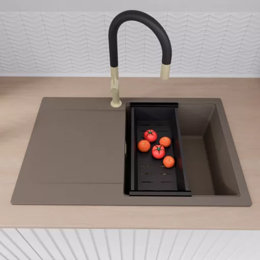 HD Onyx Tortora 78 egymedencés gránit mosogatótálca szett, csepegtetőtálcával, vágódeszkával, matt fekete csepegtetőráccsal és kosárral, tortora színben, szálcsiszolt arany leeresztő szifonnal